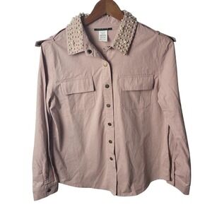 VINTAGE Solution Womens Pearl Embellished Collar Button Down Shirt Mauve Pink L
